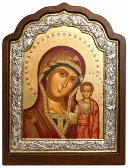 Казанская Божия Матерь, икона шелкография, деревянный оклад, серебряная рамка - фото 9353