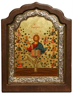 Спас Древо Жизни, икона шелкография, деревянный оклад, серебряная рамка - фото 9357