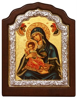 Божья Матерь "Керкира", икона шелкография, деревянный оклад, фигурная серебряная рамка - фото 9367