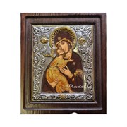 Владимирская Божья Матерь, икона шелкография, деревянный оклад, серебряная рамка
