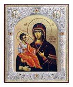 Икона Божьей Матери "Троеручица", 12х14 см, шелкография, серебряный оклад, золочение+, кристаллы Swarovski