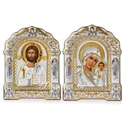 Венчальная пара серебрянных икона в киоте под  оргстеклом, золочение (Казанская)