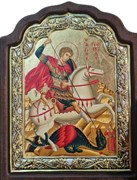 Георгий Победоносец, икона шелкография, деревянный оклад, серебряная рамка