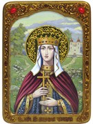 Рукописная икона Святая Мученица Людмила Чешская на кипарисе покрыта сусальным золотом 3645