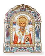 Николай Чудотворец, греческая икона, цветной окладом под оргстеклом, белое дерево 3815