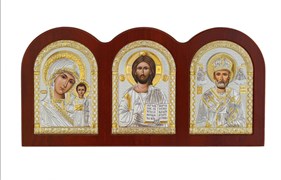 Триптих: Казанская Божия Матерь, Спаситель, Николай Чудотворец, деревянный оклад 3822