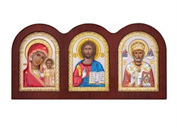 Триптих: Казанская Божия Матерь, Спаситель, Николай Чудотворец, деревянный оклад, цветная эмаль 3822