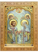Рукописная икона в киоте под стеклом Святые Петр и Феврония 3853