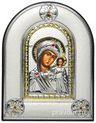 Казанская Божия Матерь, греческая икона шелкография, серебряный оклад, рамка в коже