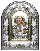 Иерусалимская Божья Матерь, греческая икона шелкография, серебряный оклад с виноградной лозой, рамка в коже