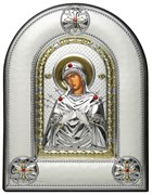 Семистрельная Божья Матерь, греческая икона шелкография, серебряный оклад, рамка в коже