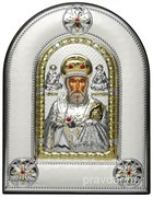 Николай Чудотворец, греческая икона шелкография, серебряный оклад, рамка в коже