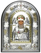 Николай Чудотворец, греческая икона шелкография, серебряный оклад с виноградной лозой, рамка в коже