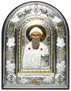 Спиридон Тримифунтский, греческая икона шелкография, серебряный оклад с виноградной лозой, рамка в коже