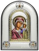 Казанская Божия Матерь, греческая икона шелкография, серебряный оклад, цветная эмаль, рамка в коже