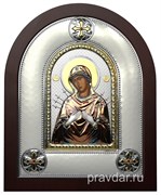Семистрельная Божья Матерь, греческая икона шелкография, серебряный оклад, цветная эмаль