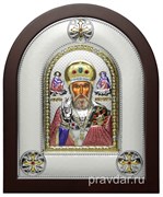 Николай Чудотворец, греческая икона шелкография, серебряный оклад, цветная эмаль