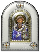 Спиридон Тримифунтский, греческая икона шелкография, серебряный оклад, цветная эмаль, рамка в коже