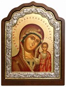 Казанская Божия Матерь, икона шелкография, деревянный оклад, серебряная рамка