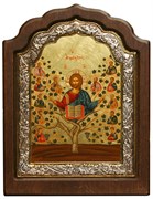 Спас Древо Жизни, икона шелкография, деревянный оклад, серебряная рамка